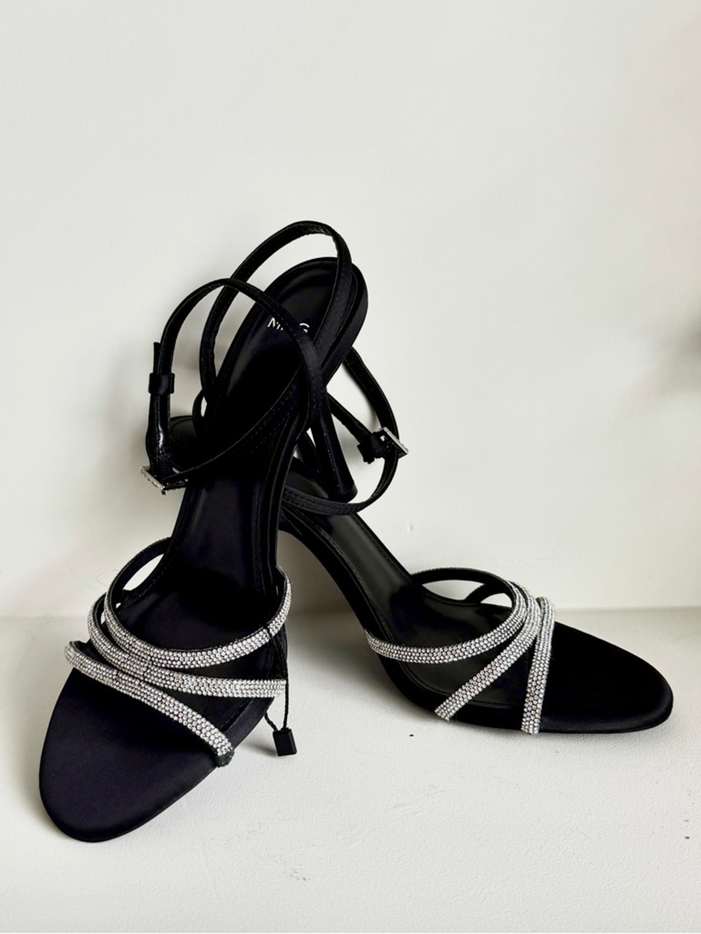 NWOT Mango Black Strappy Heels with Silver Crystal Straps